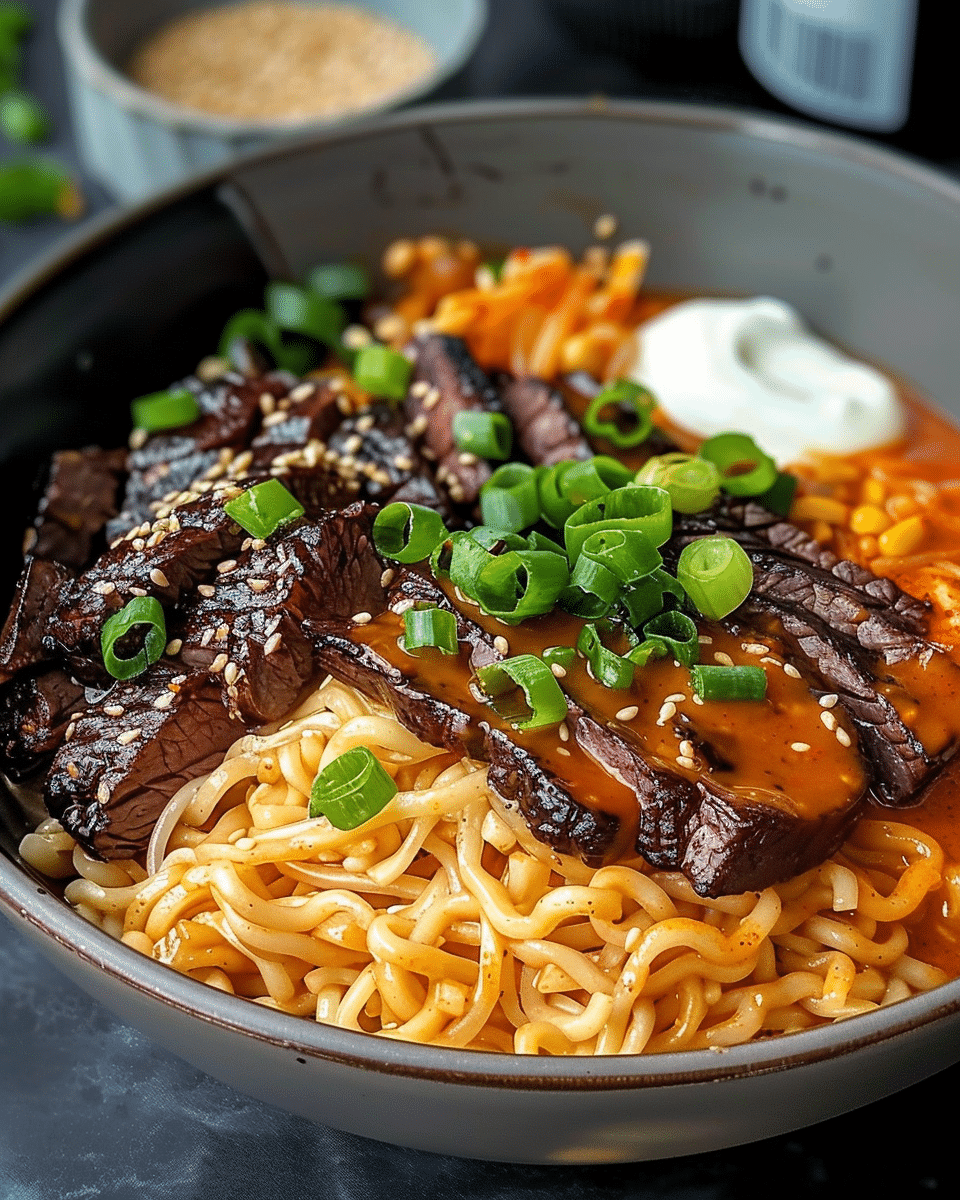 Spicy Korean Ramen with Grilled Beef & Creamy Sauce