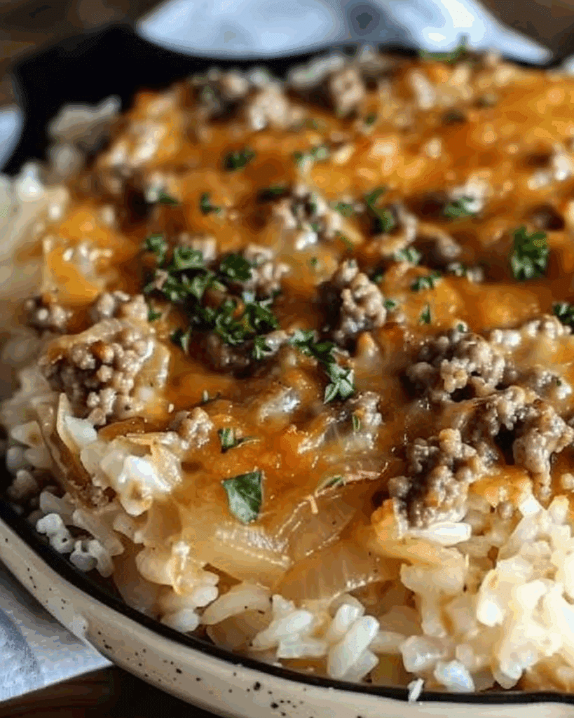 French Onion Ground Beef and Rice Casserole