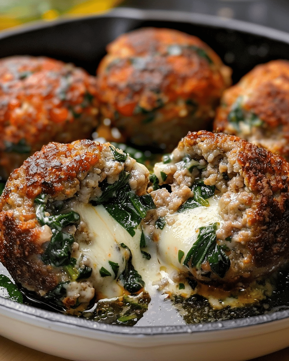 Spinach Garlic Meatballs Stuffed with Mozzarella
