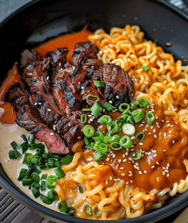 Spicy Korean Ramen with Grilled Beef & Creamy Sauce
