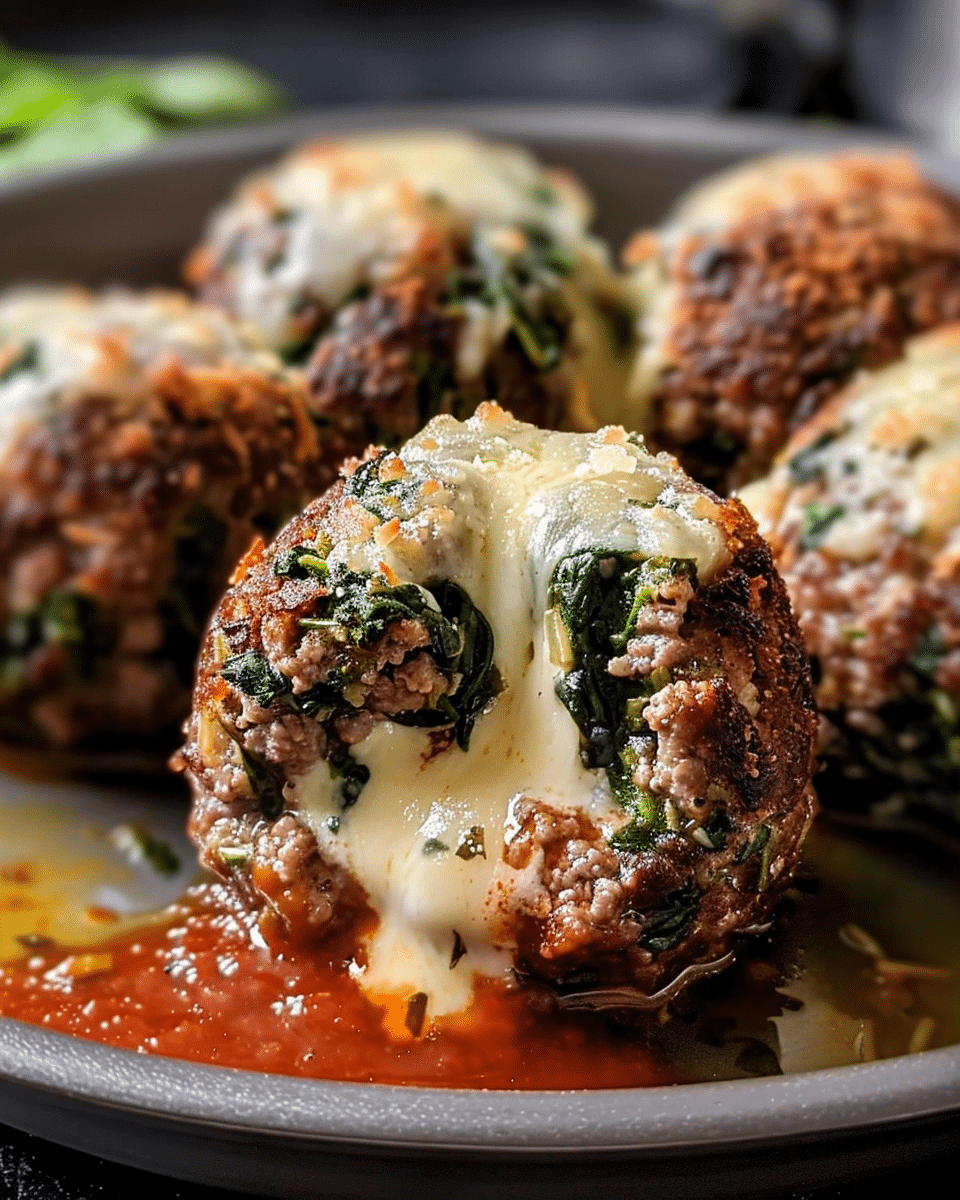 Spinach Garlic Meatballs Stuffed with Mozzarella