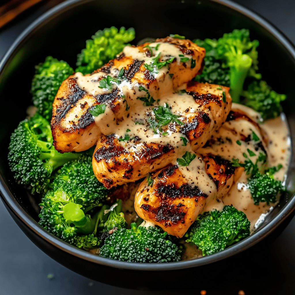Grilled Chicken & Broccoli Bowls with Creamy Garlic Sauce