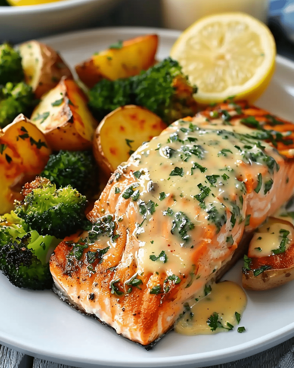 Lemon Butter Salmon with Crispy Potatoes & Broccoli
