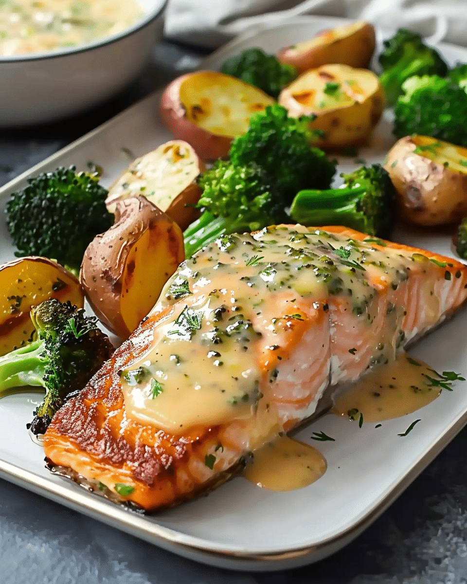 Lemon Butter Salmon with Crispy Potatoes & Broccoli