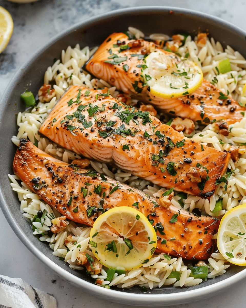 One Skillet Salmon with Lemon Orzo