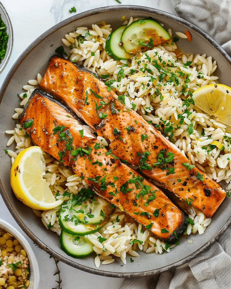 One Skillet Salmon with Lemon Orzo