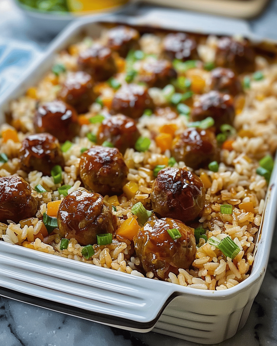 Honey Garlic Meatball Rice Bake