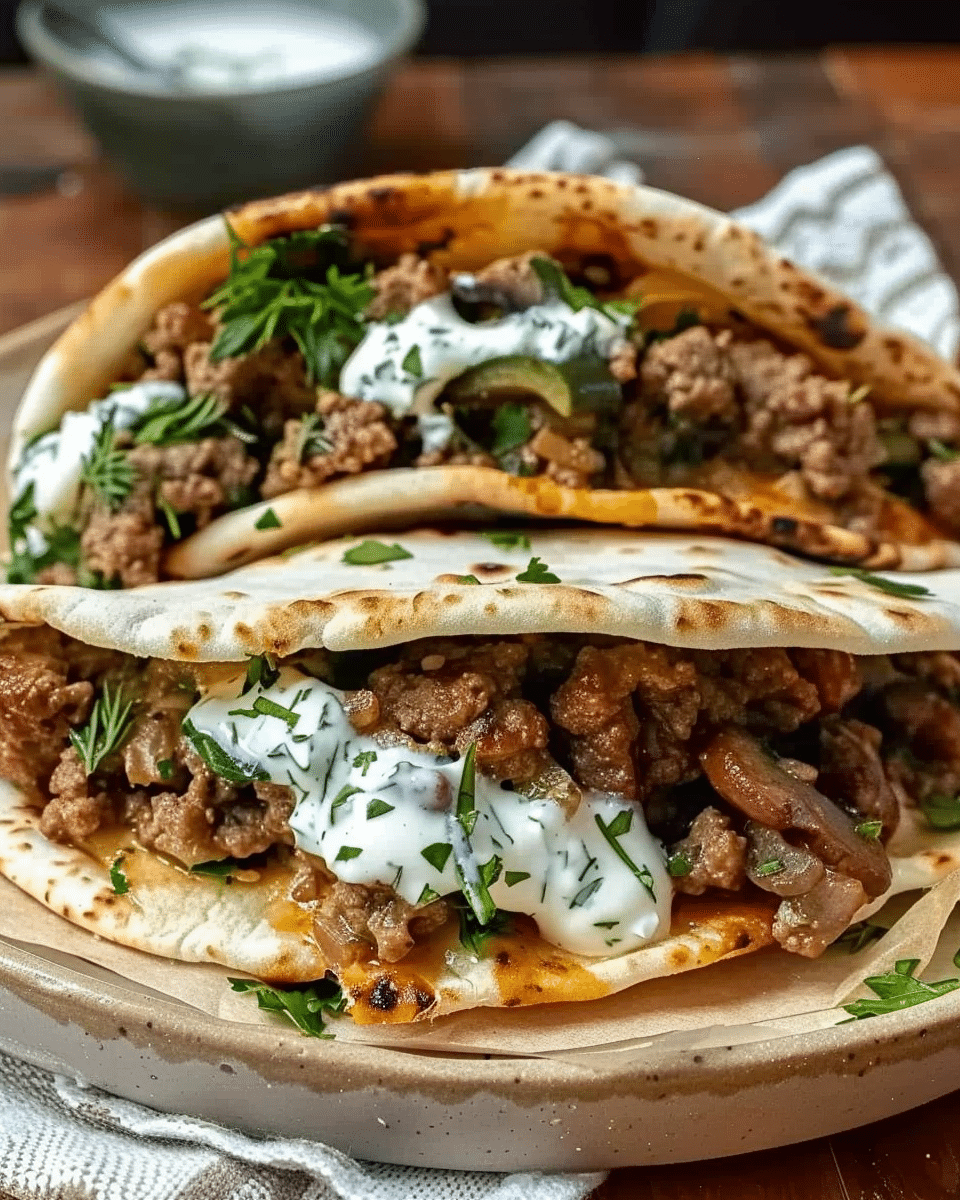 Cheesy Beef and Mushroom Pita Pockets with Tzatziki Sauce