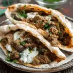 Cheesy Beef and Mushroom Pita Pockets with Tzatziki Sauce