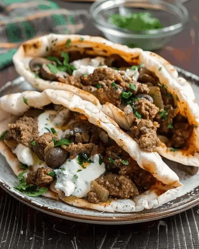 Cheesy Beef and Mushroom Pita Pockets with Tzatziki Sauce