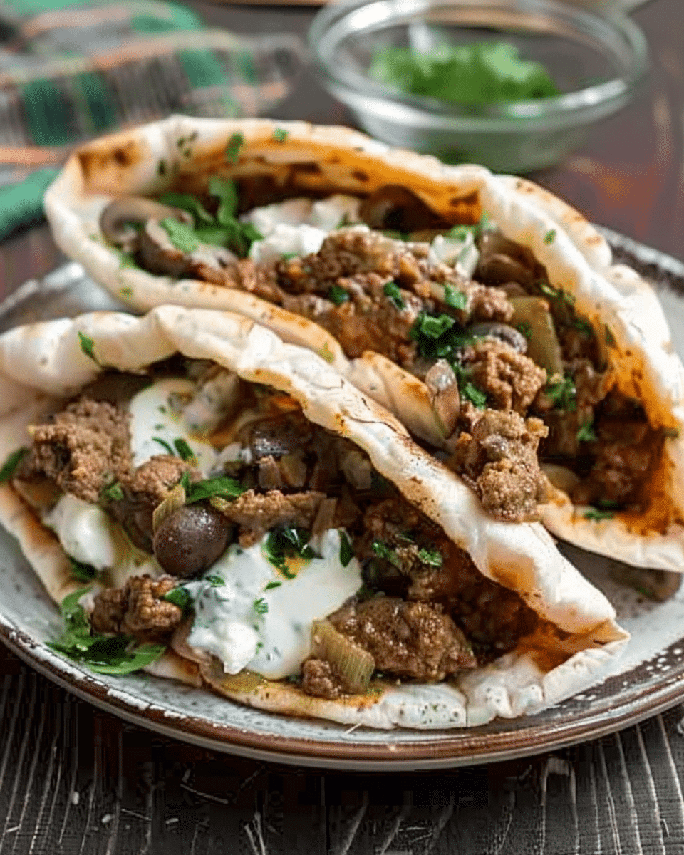 Cheesy Beef and Mushroom Pita Pockets with Tzatziki Sauce