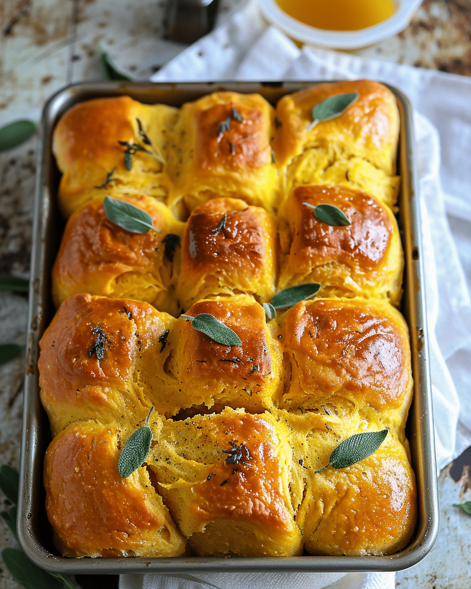 Soft Pumpkin Pull Apart Rolls with Sage Butter