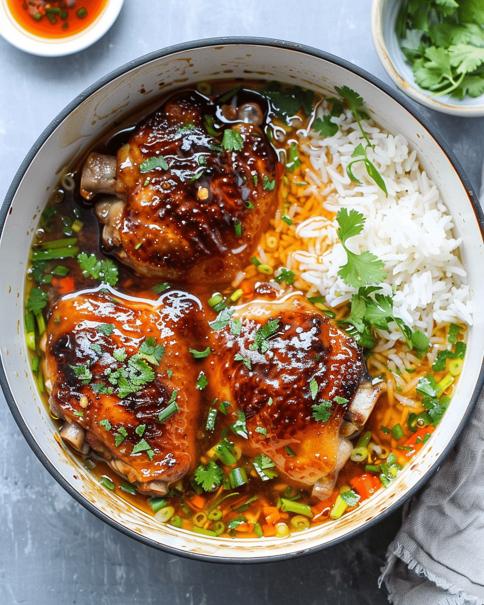 Caramelized Soy Chicken in Garlic Ginger Broth with Rice