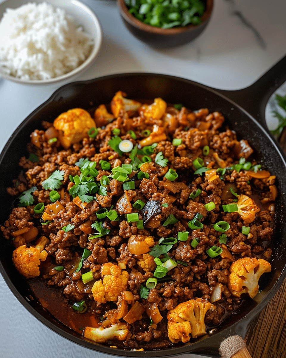 Crispy Chili Ground Beef and Cauliflower Skillet