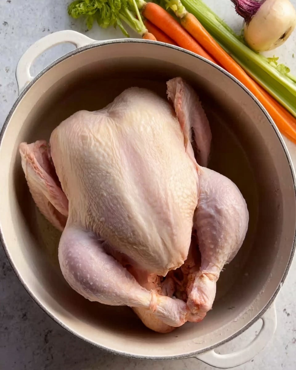 A whole raw chicken with pale pink skin is placed inside a large white oval pot. The chicken lies flat with legs spread slightly apart and wings tucked close. Around the pot, the surface shows a white marbled texture with vegetables next to it, including orange carrots, green celery stalks, and a round root vegetable that is light beige with purple hues near the top. The bright natural light highlights the smooth texture of the chicken skin and the clean kitchen setting. Photo taken with an iphone --ar 4:5 --v 7