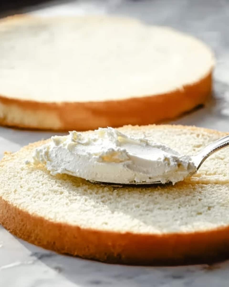 The image shows two flat layers of white cake, one on top of the other, lying on a white marbled surface. The bottom layer is fully visible, showing its smooth, spongy texture and light beige crust along the edges. Near the center of this bottom layer, there is a small dollop of creamy white frosting being spread with a small silver spoon. The top layer of the cake is laid flat slightly behind the bottom layer, showing its soft, porous texture. The lighting softly highlights the moist surface of the cake and the creamy frosting, creating a fresh and inviting look. Photo taken with an iphone --ar 4:5 --v 7