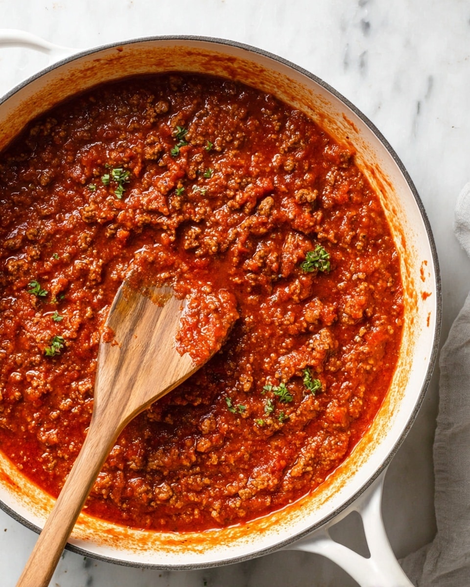 A white pot filled with thick, rich red tomato sauce mixed with small pieces of browned meat and tiny bits of onion, creating a chunky texture. The sauce covers almost the entire pot except a small round area in the center, showing the white base of the pot stained with sauce. A wooden spoon with a smooth grain pattern rests in the pot, partially smeared with sauce, lying diagonally from the bottom right to the center. Small green herb bits are scattered on top, adding a fresh contrast to the reddish sauce, all set on a white marbled surface photo taken with an iphone --ar 4:5 --v 7