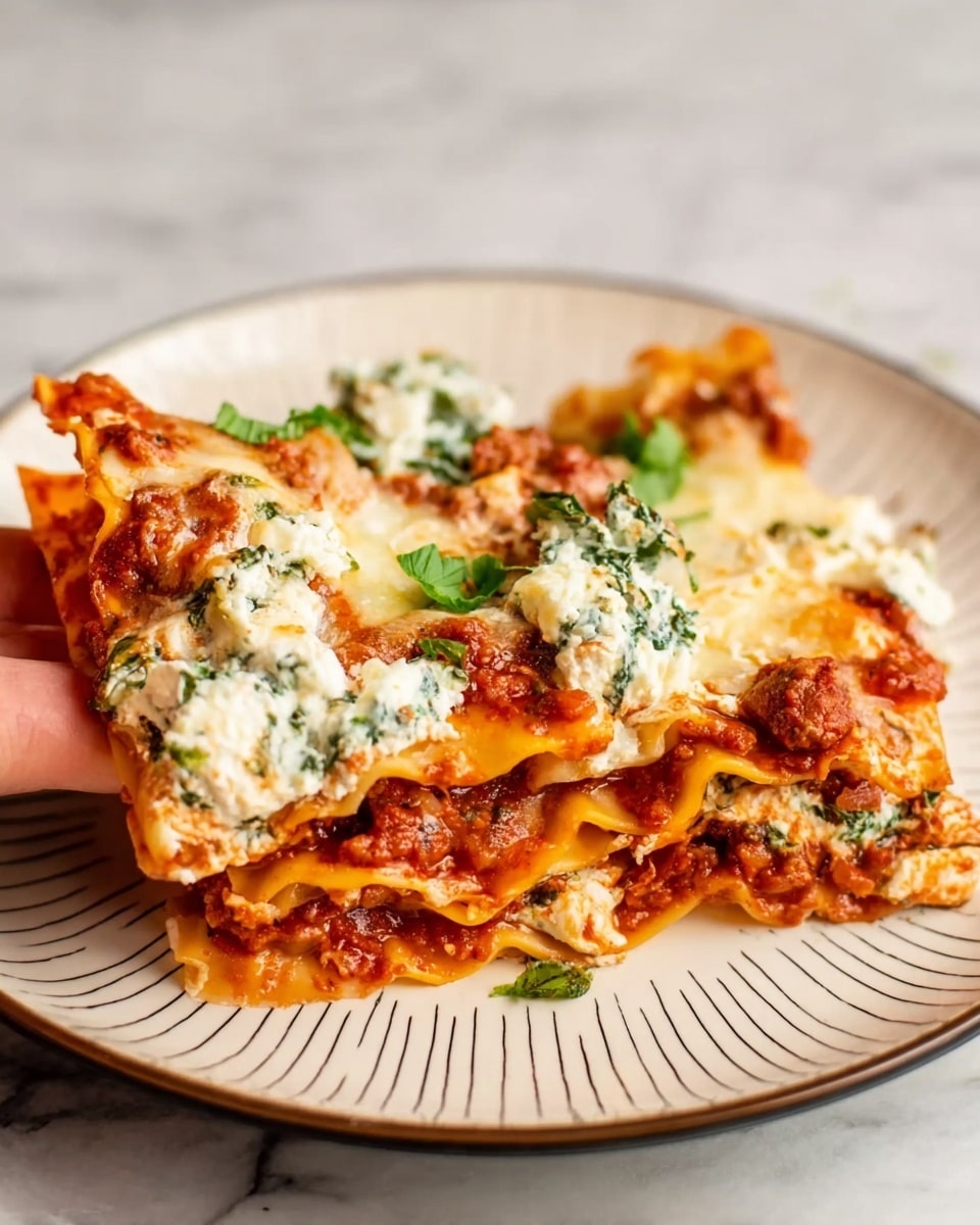 The dish shows a close-up of four layers of lasagna on a white plate with thin dark lines. The bottom layer is an orange pasta sheet, topped with a layer of chunky meaty tomato sauce with visible bits of meat. On top of that is a creamy white layer with green spinach pieces spread unevenly. Another pasta sheet lies over the cheese mixture, then more sauce and white cheese spinach mixture are placed on top. The layers look soft and moist with melted textures. A woman's hand is holding a piece of lasagna from the side. The plate is placed on a white marbled surface. photo taken with an iphone --ar 4:5 --v 7