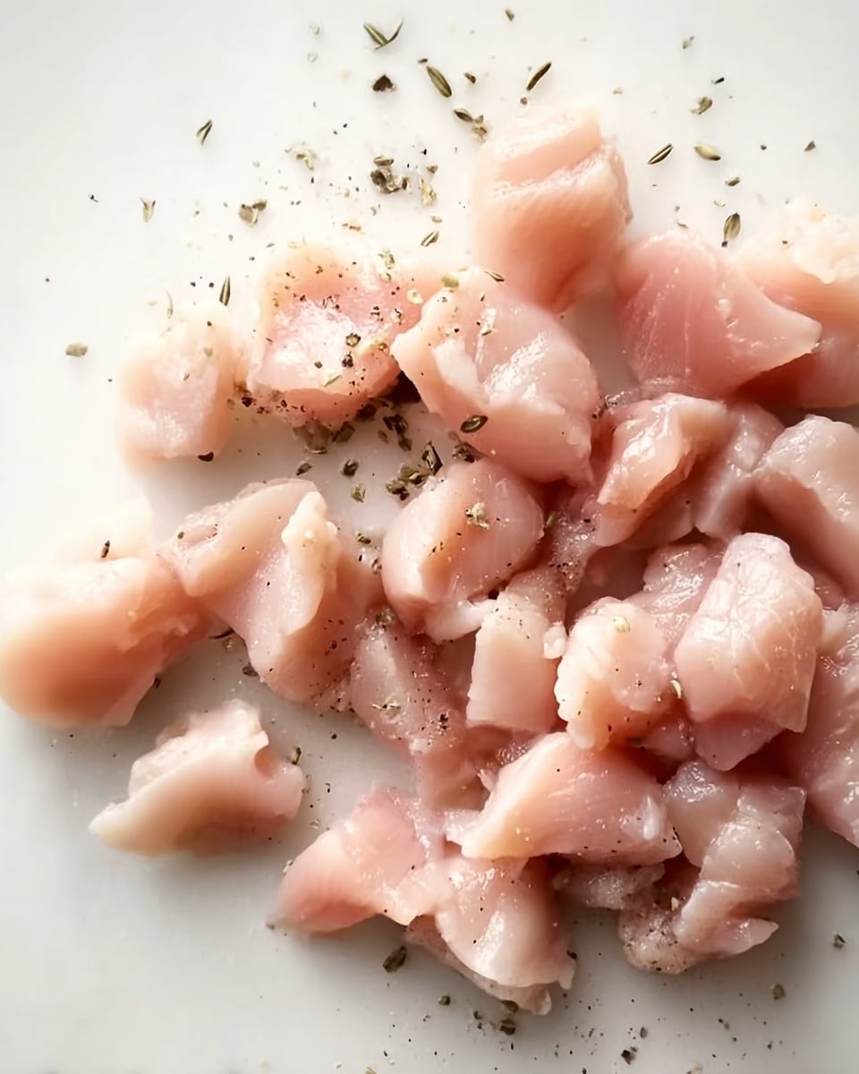 Raw small pieces of pale pink chicken scattered on a white marbled surface, lightly sprinkled with coarse black pepper and some dried herbs. The texture of the chicken is smooth and slightly shiny, showing freshness, with irregular shapes and sizes. The background is clean with a soft light enhancing the colors and details of the chicken pieces. Photo taken with an iphone --ar 4:5 --v 7