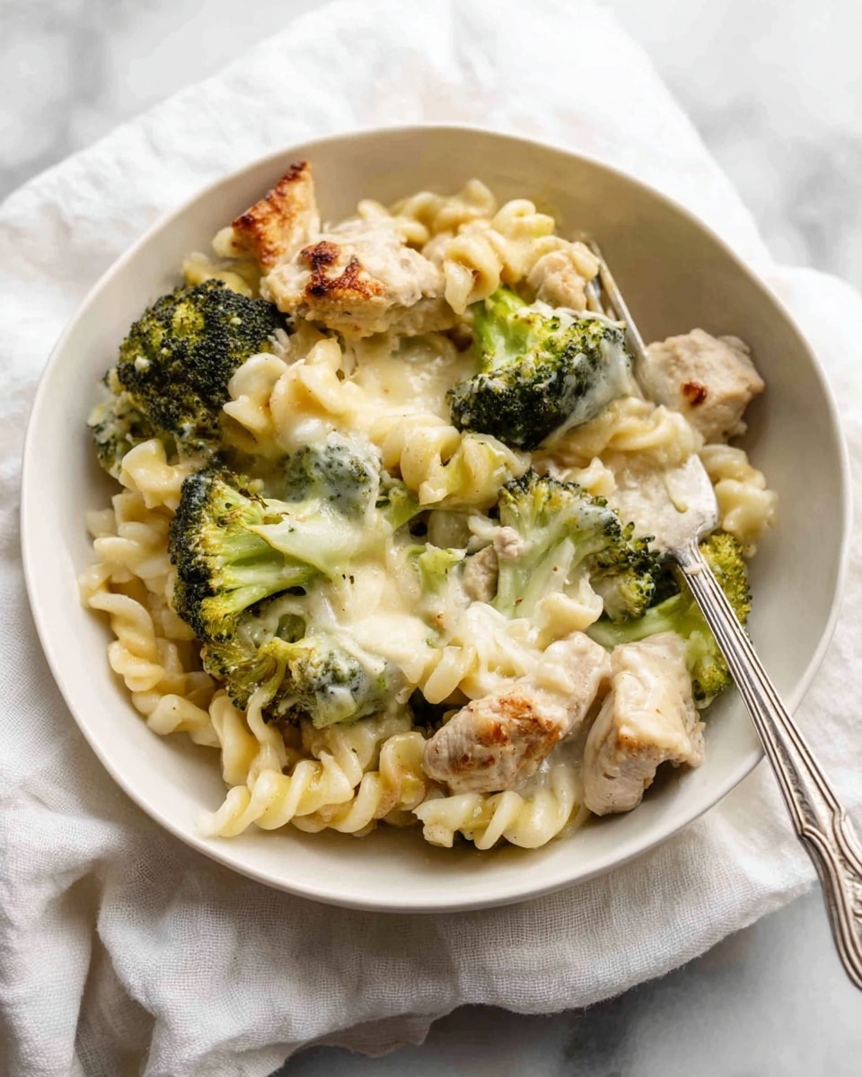 A white bowl filled with three layers of food: at the bottom, short, twisted pasta with a pale cream color; on top of the pasta, bright green broccoli florets with some slightly browned edges; on top of both pasta and broccoli are chunks of white meat with a light golden-brown sear, all covered in a creamy, melted cheese sauce that looks smooth and slightly bubbly in spots. A silver fork is resting inside the bowl, with its handle sticking out to the upper right. The bowl sits on a white marbled textured surface with a white cloth beneath it. Photo taken with an iphone --ar 4:5 --v 7
