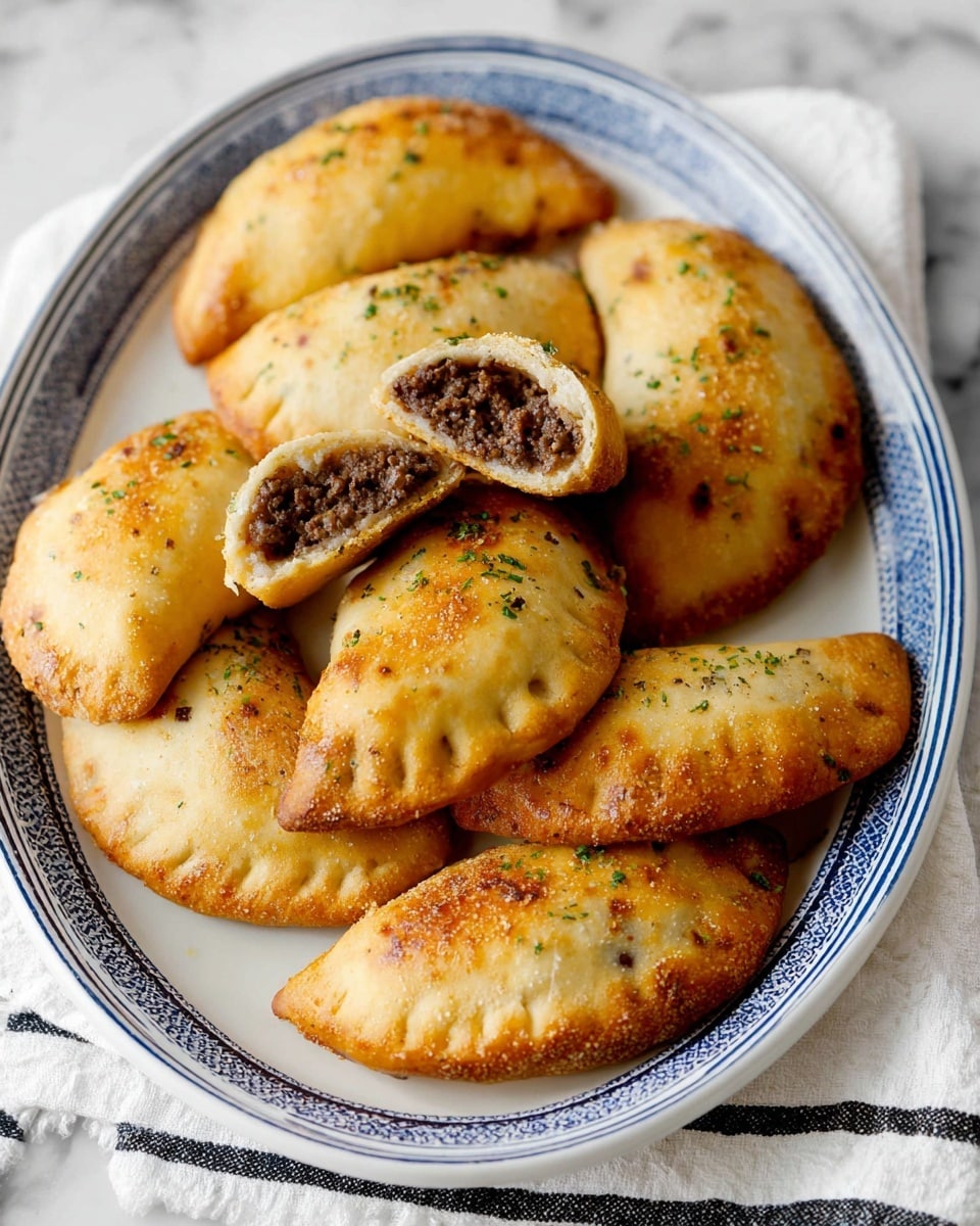 The image shows a white oval plate with a blue trim pattern filled with eight golden-brown baked pastries shaped like half moons. The pastries have a slightly crispy, browned top layer with small green herb sprinkles. In the center of the pile, one pastry is cut open to reveal a dark brown minced meat filling inside. The plate rests on a white marbled surface with a white and black striped cloth partially visible underneath. photo taken with an iphone --ar 4:5 --v 7