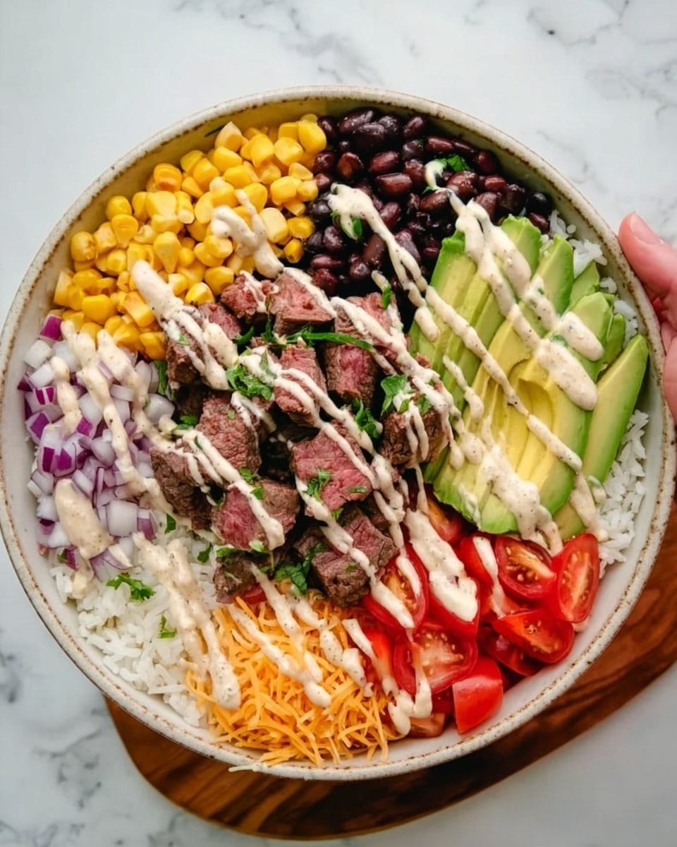 A white round bowl filled with a base layer of white rice topped with evenly spaced rows of colorful ingredients. Starting from the left, there is a row of yellow corn kernels, next a row of black beans, followed by a row of diced pinkish steak pieces with some green herbs, then a row of thinly sliced light purple onions. On the right side, there is a row of sliced avocado in light green, a row of shredded orange cheese, and a row of sliced red tomatoes. The entire dish is drizzled with a light creamy sauce, and a woman's hand is holding the bowl from one side. The bowl is placed on a white marbled surface. photo taken with an iphone --ar 4:5 --v 7