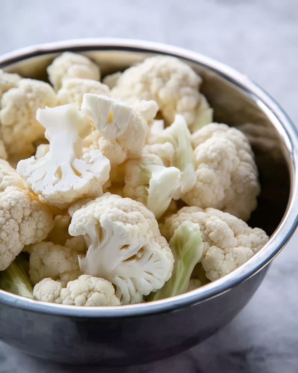 The image shows a metal bowl filled with several pieces of raw cauliflower. Each cauliflower piece has a white, bumpy flower-like top with a pale greenish-white stem underneath. The cauliflower pieces are arranged loosely inside the bowl, showing both the tops and some side views. The metal bowl's inner surface is shiny and reflective. The background features a white marbled texture. Photo taken with an iphone --ar 4:5 --v 7