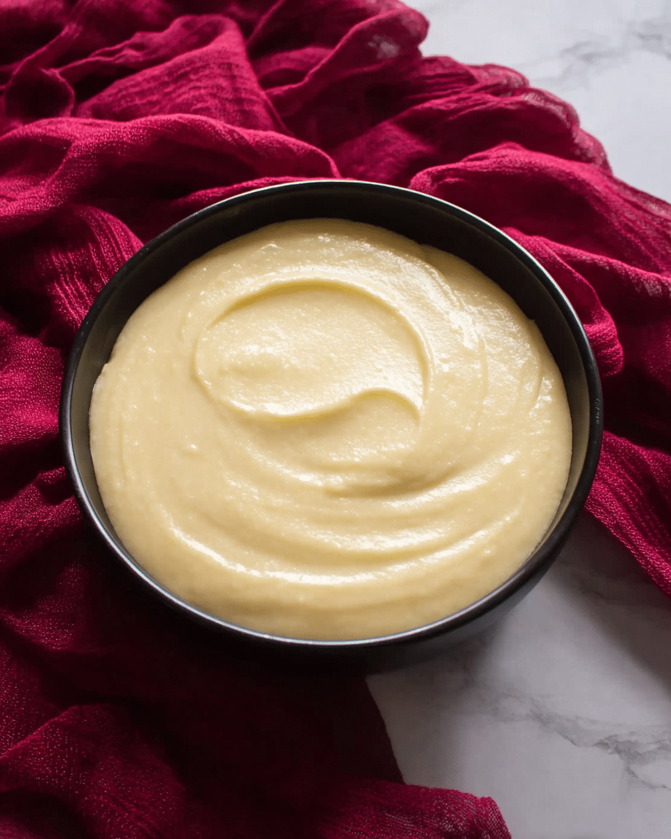 A smooth, creamy pale yellow batter is swirled evenly inside a round black bowl, with visible soft peaks and gentle ridges created by stirring. The bowl rests on a white marbled surface, next to a crumpled deep red cloth that adds a warm contrast to the light batter. The texture of the batter looks thick and soft, filling the bowl almost to the top, with a slight shine reflecting the light, showing its smoothness. photo taken with an iphone --ar 4:5 --v 7