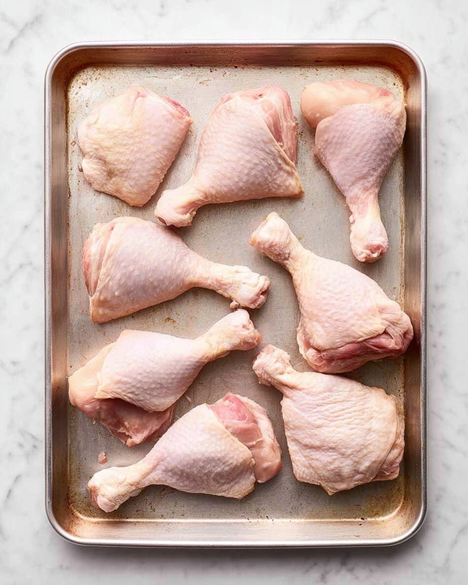 A metal tray shows seven pieces of raw chicken parts spread out evenly across its surface. The chicken pieces include drumsticks and thighs, each pale pink with some skin textures visible, resting directly on the tray. The tray is placed on a white marbled surface that adds a clean background contrast to the soft, slightly glossy look of the raw chicken. The tray edges have slight discoloration from use but remain clearly defined, holding the chicken pieces neatly inside. photo taken with an iphone --ar 4:5 --v 7