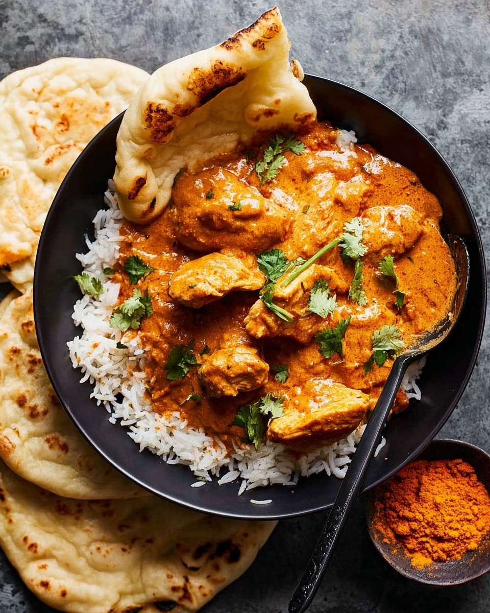 A black bowl filled with a base layer of white rice topped with several pieces of chicken covered in thick orange curry sauce, garnished with small green leaves of cilantro. A piece of naan bread is placed inside the bowl, leaning on the edge, and a spoon is partially inserted into the rice and curry. Around the bowl, flat pieces of naan bread are arranged on a surface with a rough gray texture. There is also a small round container filled with a bright orange powder, likely a spice, positioned near the bottom right corner. photo taken with an iphone --ar 4:5 --v 7