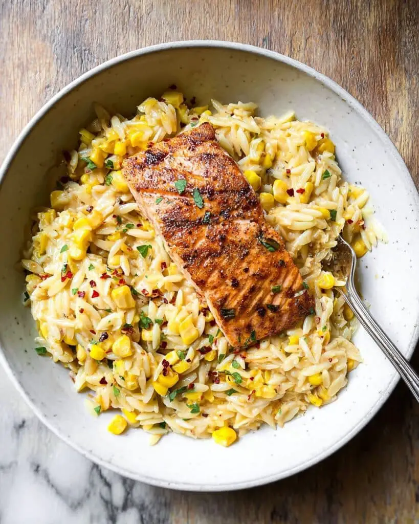 Creamed Corn Orzo with Salmon Recipe