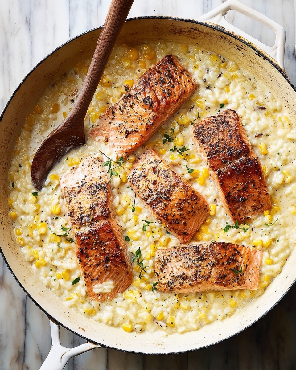 A white pan filled with creamy, light yellow rice mixed with sweet yellow corn pieces, creating a soft, textured base. On top, there are four pieces of cooked salmon, each with a golden brown seared surface, showing a slightly crispy, speckled texture with black pepper and herbs scattered on them. The salmon pieces vary in size and lie closely next to each other, partially sinking into the creamy rice layer. Small green herb leaves are lightly sprinkled over the dish. A wooden spoon rests inside the pan on the left side, slightly submerged in the rice. The pan is sitting on a white marbled surface with a white handle visible on the bottom left. Photo taken with an iphone --ar 4:5 --v 7