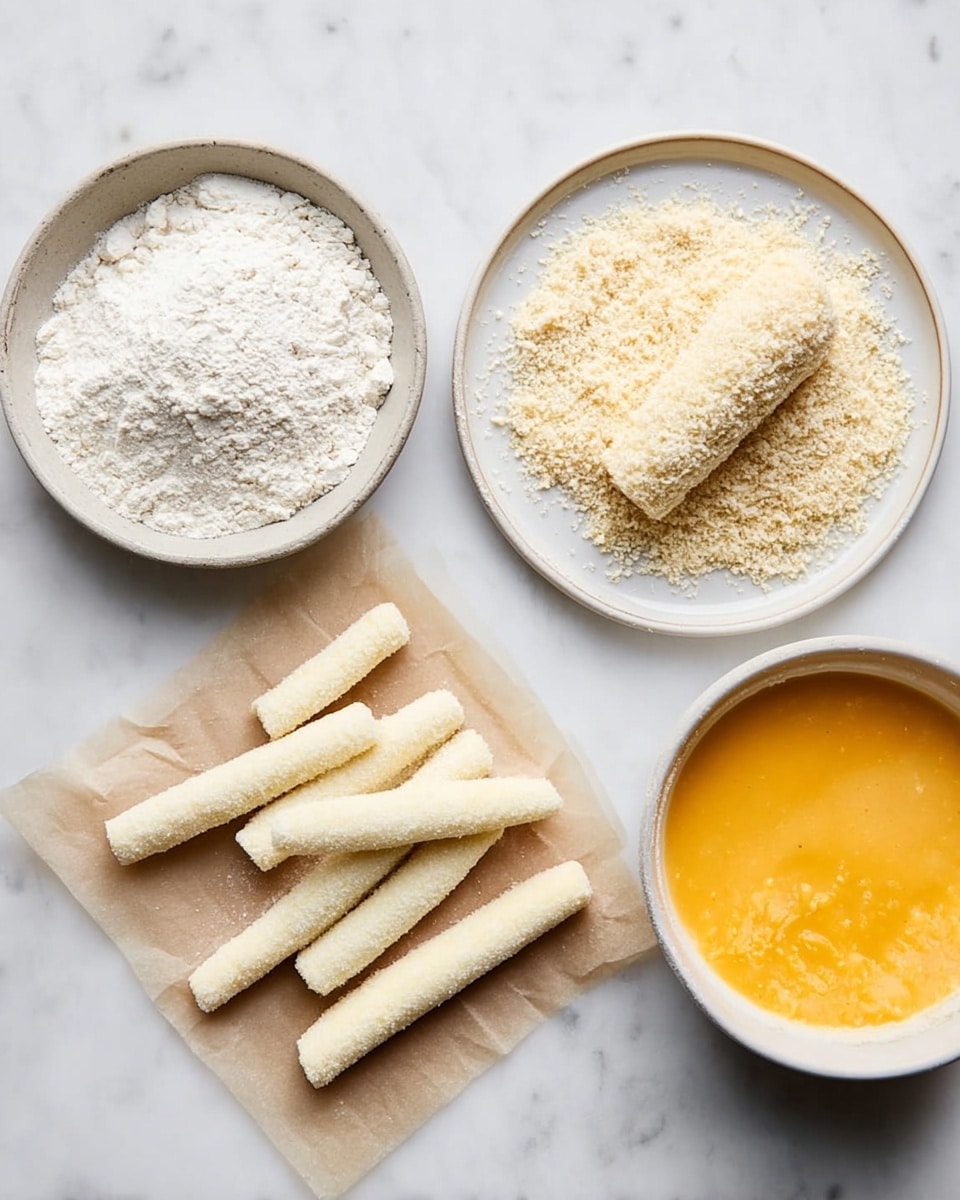 The image shows a top view of a food preparation scene on a white marbled surface. There are three white dishes arranged side by side: on the left, a plate filled with fine white flour; in the middle, a plate with coarse breadcrumbs in light beige, with one piece of cheese stick being coated; on the right, a bowl filled with mixed orange-yellow beaten eggs. Below the flour plate, there are several white cheese sticks placed on a piece of light brown parchment paper. The textures include powdery flour, rough breadcrumbs, smooth beaten eggs, and firm cheese sticks. photo taken with an iphone --ar 4:5 --v 7
