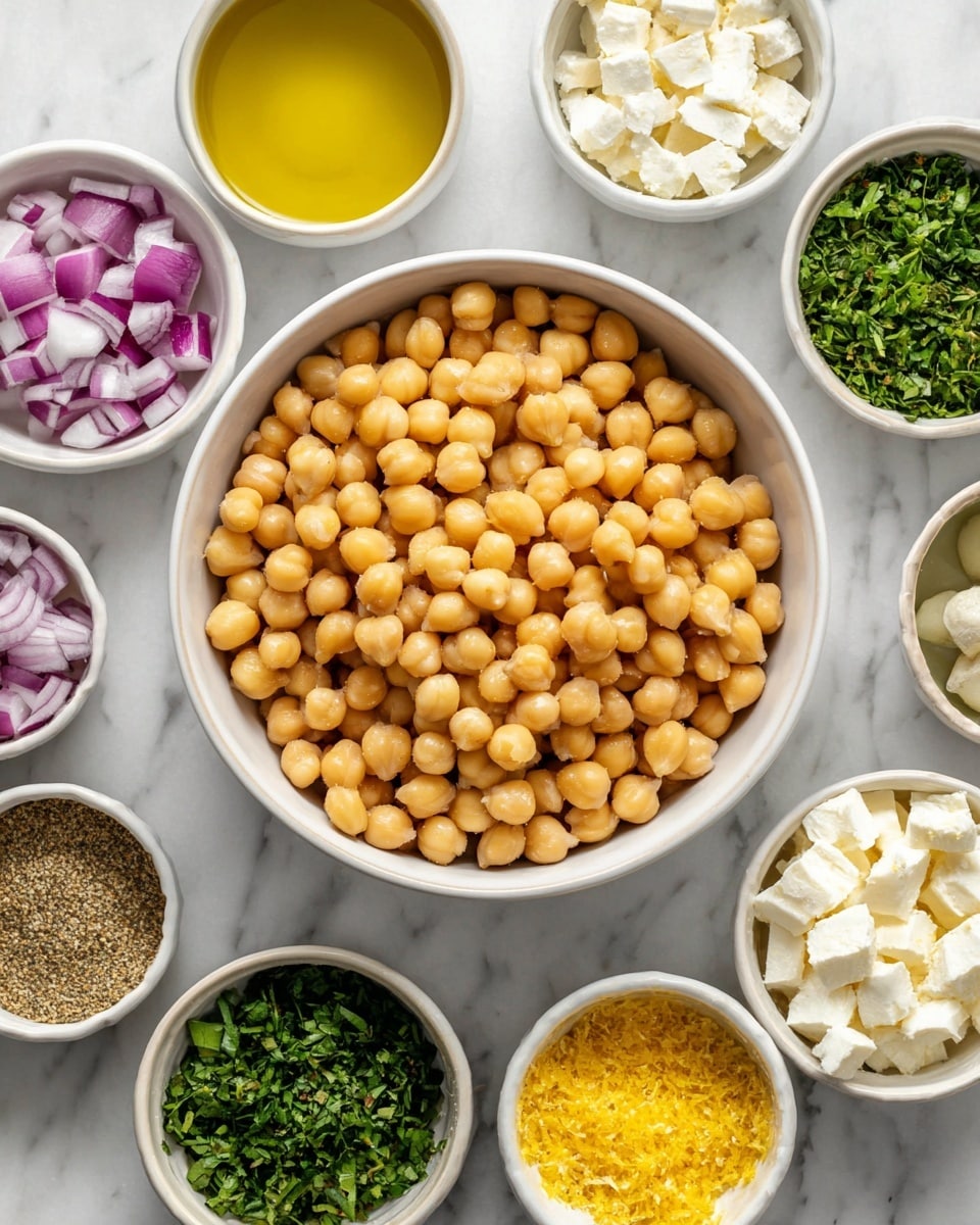 The image shows a white bowl full of light brown chickpeas in the center, surrounded by six smaller white bowls arranged in a circle on a white marbled surface. The bowls contain various ingredients: chopped green herbs, greenish-yellow olive oil, white cheese cubes, finely chopped red onions, a yellow liquid, and a mix of salt, black pepper, and yellow lemon zest. The ingredients are neatly arranged without any spills, and the colors contrast well with the soft white background. photo taken with an iphone --ar 4:5 --v 7