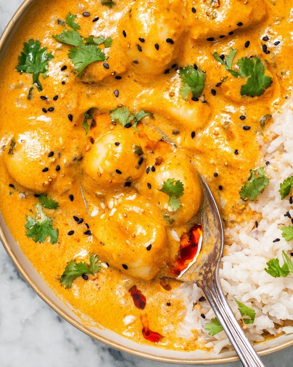 The dish shows a rich, creamy orange sauce with a thick texture, covering white round pieces that look soft and smooth. Small green cilantro leaves are scattered on top for color. Black sesame seeds are sprinkled across the sauce, adding small dark spots. The right side of the image shows fluffy white rice grains mixed with more cilantro. A silver spoon lifts a portion of the sauce and white pieces, with the sauce glistening and small red oil drops visible. The dish sits on a white marbled surface. Photo taken with an iphone --ar 4:5 --v 7