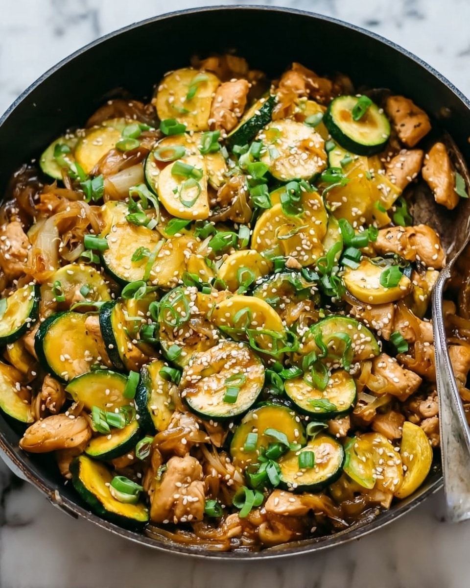 The image shows a black pan filled with a cooked dish made of several layers. At the base, there are soft, caramel-colored cooked onions mixed with small chunks of light brown chicken pieces. Mixed in are bright yellow and green half-moon slices of cooked zucchini and squash, creating a colorful contrast. On top, there are small white sesame seeds sprinkled evenly and chopped green onions scattered as a fresh garnish. A silver spoon is partially inside the dish, positioned on the right side. The pan is placed on a white marbled surface. photo taken with an iphone --ar 4:5 --v 7