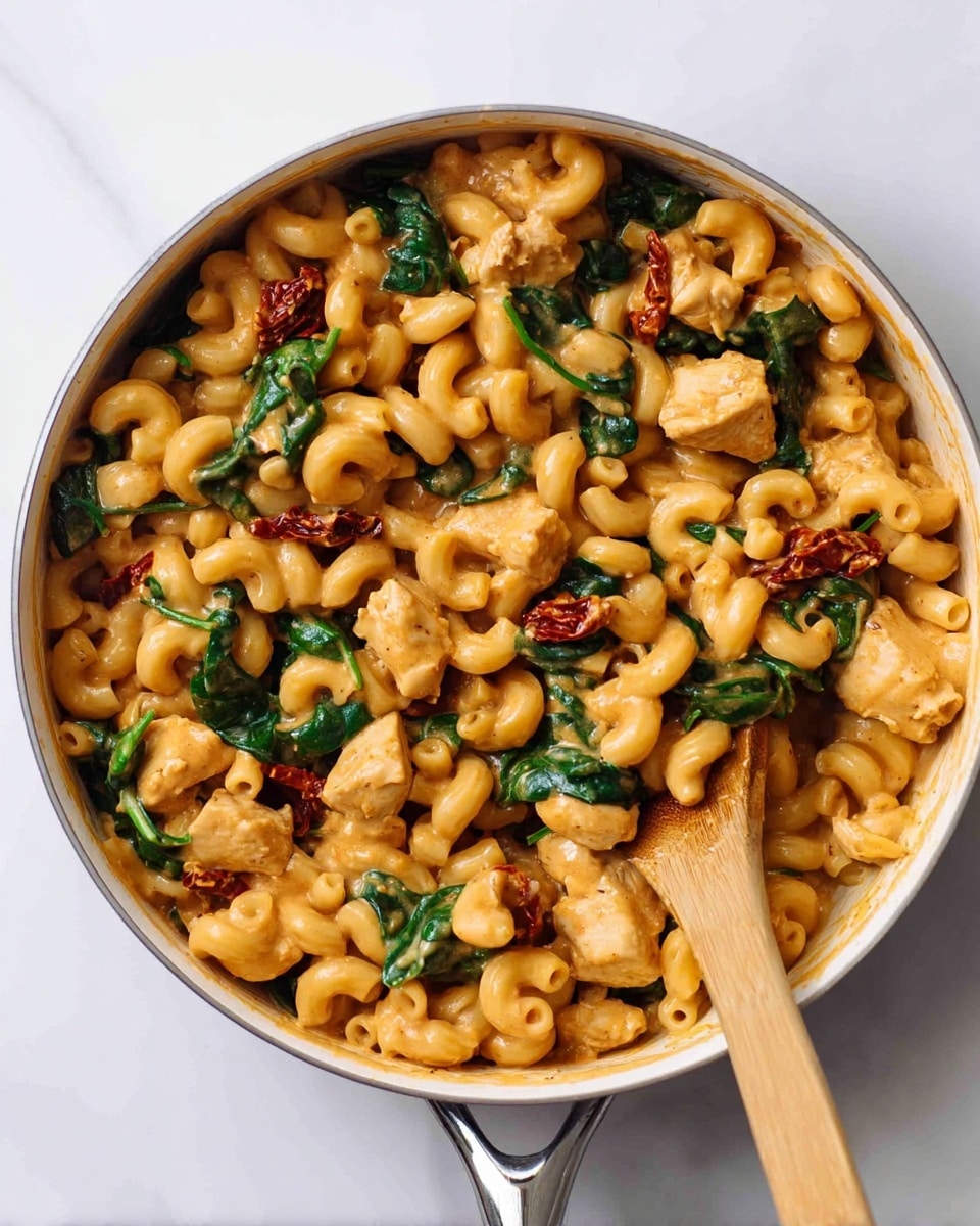 A round white pan filled with a creamy pasta dish made of elbow macaroni coated in a light orange sauce. Scattered through the pasta are pieces of light brown cooked chicken and dark green spinach leaves, giving a mix of colors and textures. Some small pieces of what looks like red sun-dried tomatoes add a slight red touch, all stirred together with a wooden spoon resting on the pan's right side. The pan sits on a white marbled surface. photo taken with an iphone --ar 4:5 --v 7