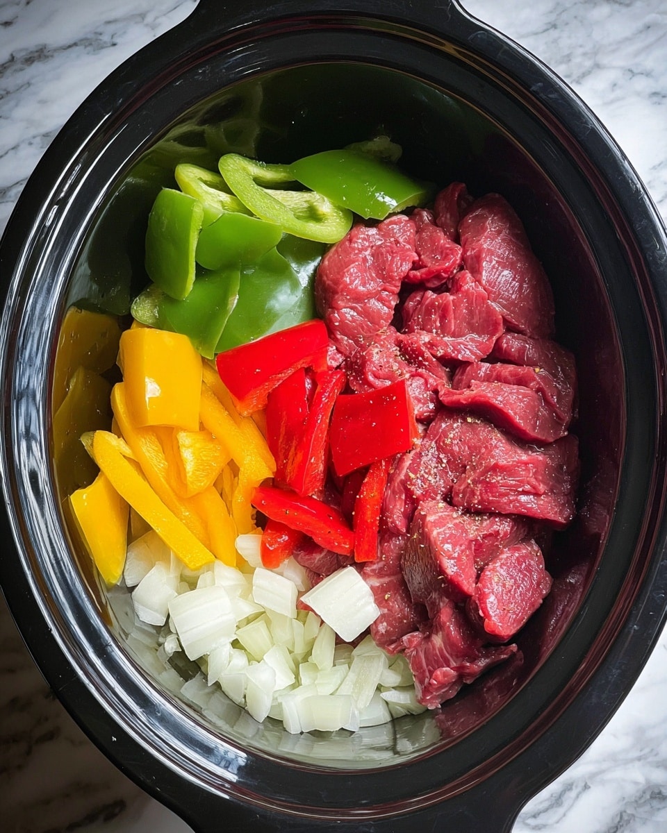 The image shows a black slow cooker filled with three main layers of food. The bottom layer is made of roughly chopped white onion pieces, scattered but covering the base. On top of that, there is a layer of raw red meat strips, unevenly spread, showing a fresh texture with some seasoning. The top layer features wedges of bell peppers in three bright colors: green, red, and yellow, placed mostly on one side. The slow cooker sits on a white marbled surface. photo taken with an iphone --ar 4:5 --v 7