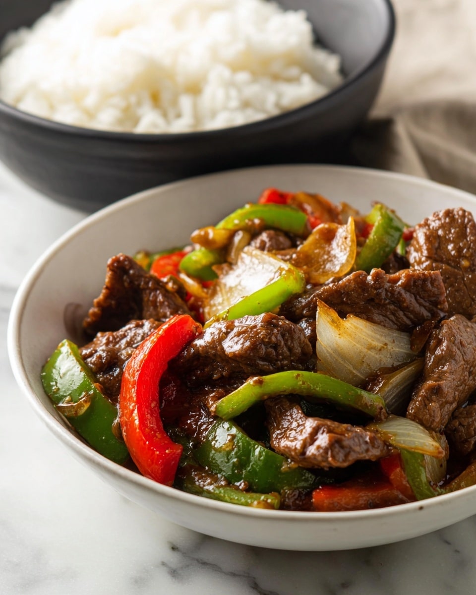 The image shows a close-up of a white bowl filled with stir-fried beef pieces, green bell peppers, red bell peppers, and slices of white onion, all coated in a shiny brown sauce. The beef looks tender and slightly browned, while the vegetables add bright green, red, and white colors with a soft texture. Behind the bowl, there is another white bowl filled with plain white rice, all placed on a white marbled surface. The food looks hot with faint steam rising from it. photo taken with an iphone --ar 4:5 --v 7