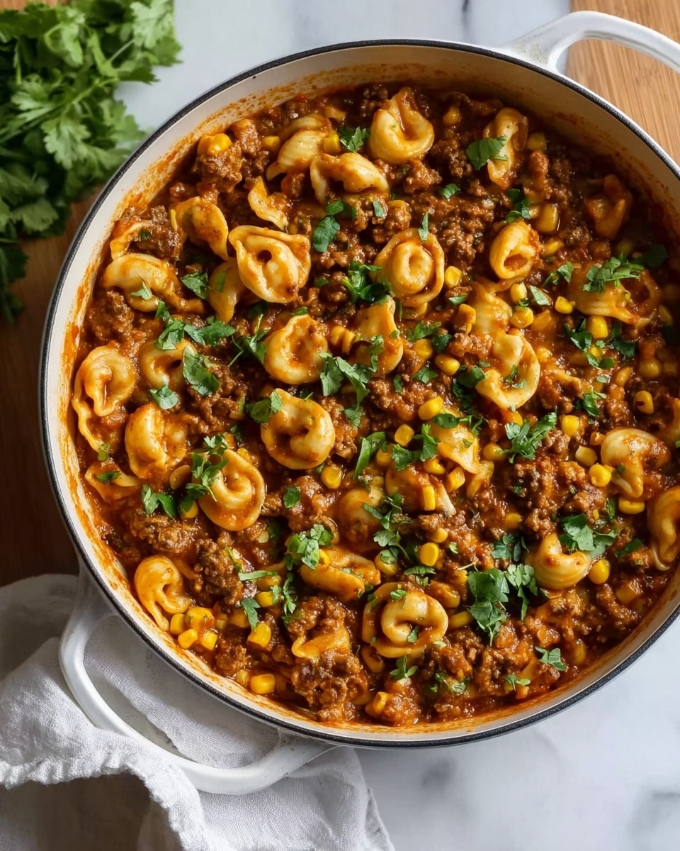 The image shows a white round pot filled with a rich, hearty dish made of small pasta pieces shaped like little hats, mixed with browned ground meat and scattered yellow corn kernels. The sauce is a thick, reddish-brown color that coats the ingredients evenly. On top, fresh green leafy herbs are sprinkled, adding a bright contrast to the warm tones of the food. The pot rests on a white marbled surface with a soft white cloth nearby. photo taken with an iphone --ar 4:5 --v 7