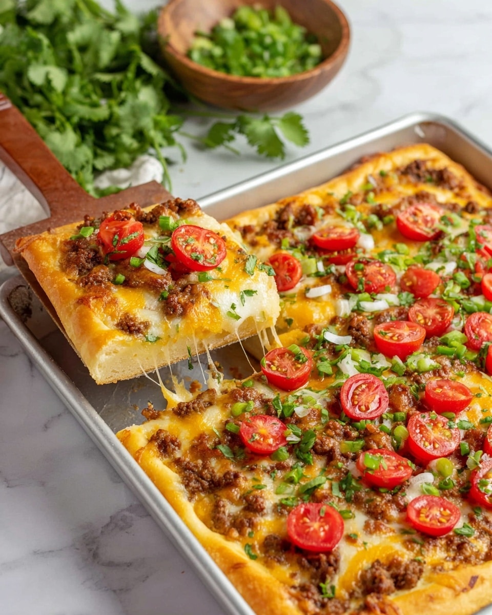 The image shows a rectangular pizza with a thick golden crust in a silver pan placed on a white marbled surface. The pizza has four visible layers: the bottom crust, a layer of cooked ground meat, a thick melted yellow cheese layer with some brown spots, and a topping of halved bright red cherry tomatoes and finely chopped green onions spread evenly. A slice is being lifted out by a wooden-handled spatula, showing stretchy melted cheese between the slice and pan. In the background, there is a bunch of fresh green cilantro and a wooden bowl filled with chopped cilantro on the surface near the pan. Photo taken with an iphone --ar 4:5 --v 7