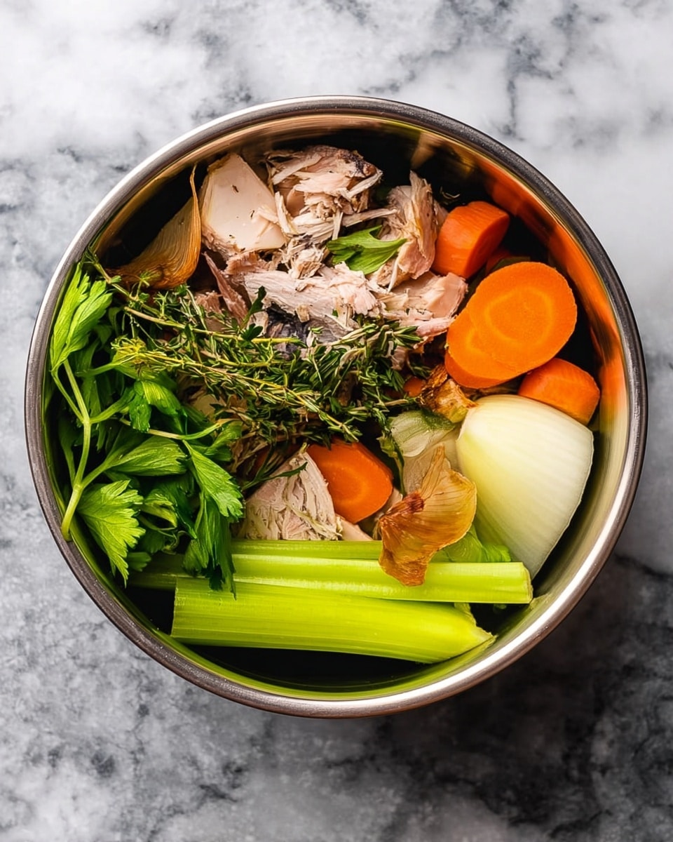A metal bowl filled with a mix of raw ingredients sits on a white marbled surface. Inside the bowl, at the bottom, there are bright green stalks of celery with leafy tops, next to chunks of orange carrots scattered around. On one side, large pieces of pale white onion are placed near some shredded light pink meat. Some herb sprigs with dark green leaves and thin stems lie on top, and a few brown and white onion skins rest among the vegetables. The colors and textures create a fresh, natural look. Photo taken with an iphone --ar 4:5 --v 7