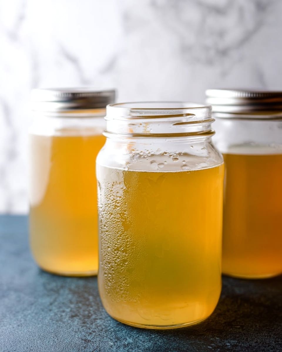 The image shows three clear glass jars filled with a light amber liquid, placed on a dark, textured surface with a white marbled texture in the background. The jars have wide mouths, with one jar in the front and two jars slightly behind it, all displaying condensation on the outside. The liquid inside the jars is smooth and transparent, with a pale yellow-orange hue. No lids are on the two back jars, while the jar to the right has a silver metal lid. photo taken with an iphone --ar 4:5 --v 7