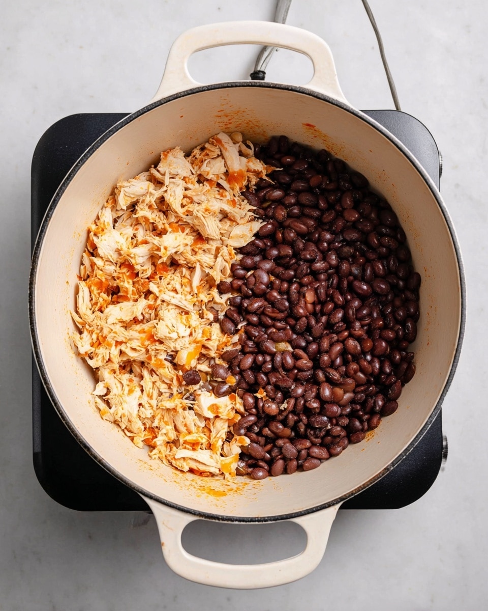A large white pot with two handles sits on a black electric stove on a white marbled surface. Inside the pot, the contents are divided into two clear halves: on the left side, there is a shredded light tan and white cooked chicken filled with small orange bits, while on the right side, there is a heap of shiny dark brown beans. The inner edge of the pot shows a slight orange seasoning stain near the chicken, adding texture and color contrast photo taken with an iphone --ar 4:5 --v 7
