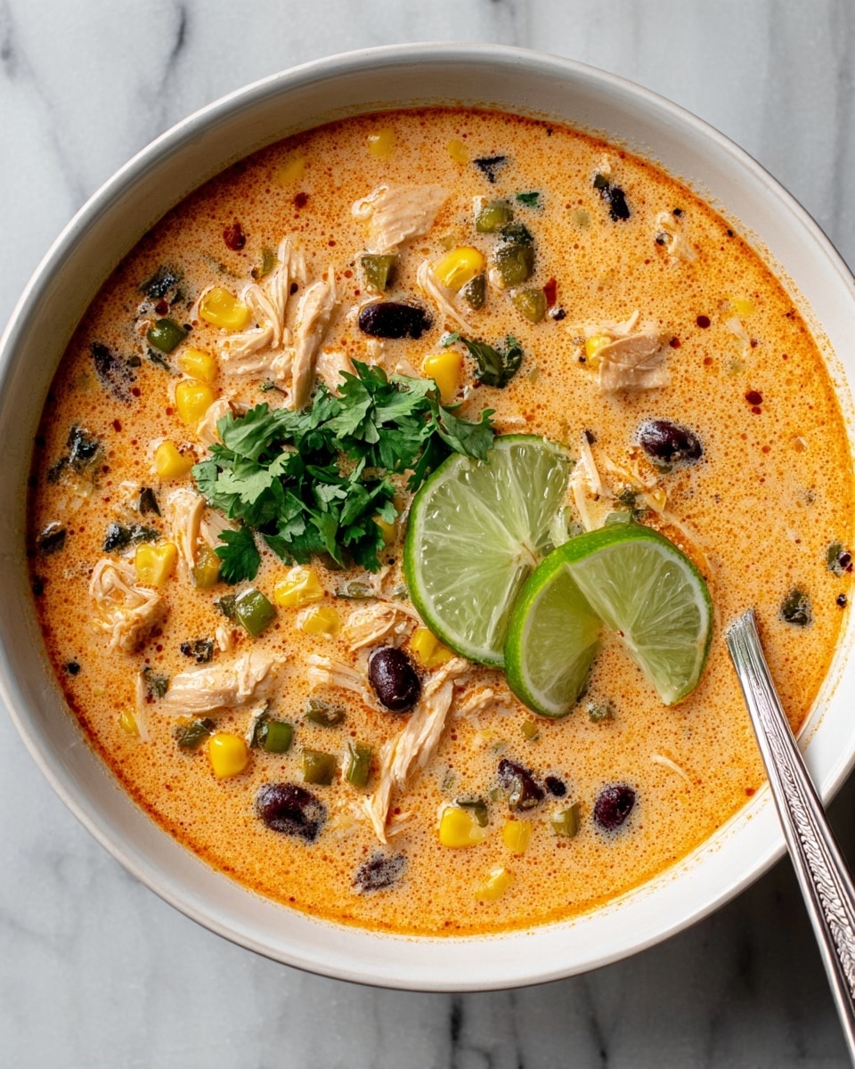 A white bowl filled with a creamy orange soup shows pieces of shredded chicken, dark beans, yellow corn, and small green pepper chunks scattered throughout. On top, two lime wedges and a bright green bunch of cilantro leaves add fresh color. The soup surface has little darker spice spots. A spoon rests near the bowl's edge. The bowl sits on a white marbled surface photo taken with an iphone --ar 4:5 --v 7