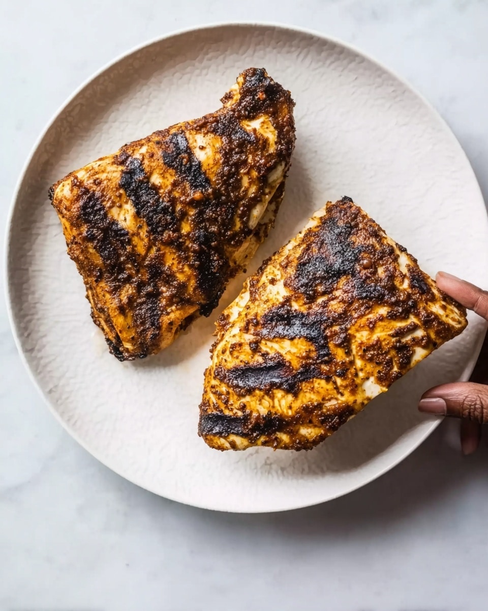 Two pieces of grilled chicken with dark char marks sit on a large white plate, showing a golden-brown and slightly crispy skin with a textured, spicy coating. The larger piece is positioned to the right with a claw of the woman’s hand holding it, while the smaller piece is to the left. The white plate rests on a white marbled surface. photo taken with an iphone --ar 4:5 --v 7
