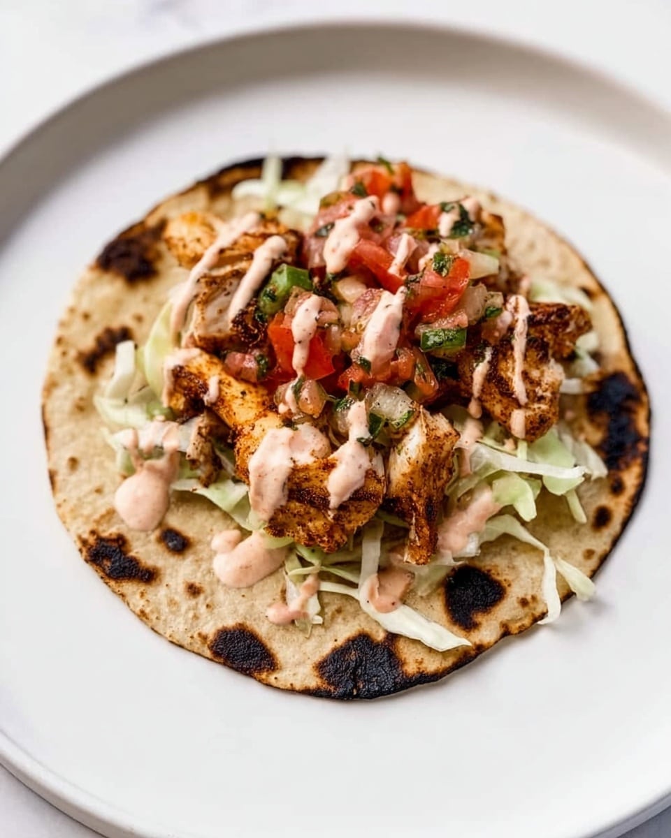 A single small taco on a plain white plate with a white marbled surface background. The taco has four layers visible: the base is a slightly charred flatbread tortilla with dark brown spots, on top of it there is a layer of shredded pale green cabbage, followed by pieces of cooked chicken with a browned, spicy seasoning. On top of the chicken, there are small chunks of red tomato mixed with green herbs, and the whole taco is drizzled with a creamy light pink sauce. photo taken with an iphone --ar 4:5 --v 7