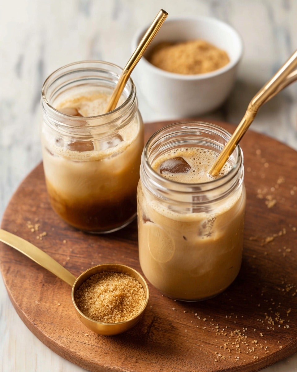 The image shows two transparent glass jars filled with iced coffee, each having one layer of light brown coffee mixed with cream and visible ice cubes, topped with a foamy layer of coffee cream. Each jar has a shiny golden metal straw placed inside. The jars are placed on a round wooden board, which also holds a small golden metal scoop filled with light brown sugar grains. In the background, there is a white bowl filled with light brown sugar grains on a white marbled surface. photo taken with an iphone --ar 4:5 --v 7