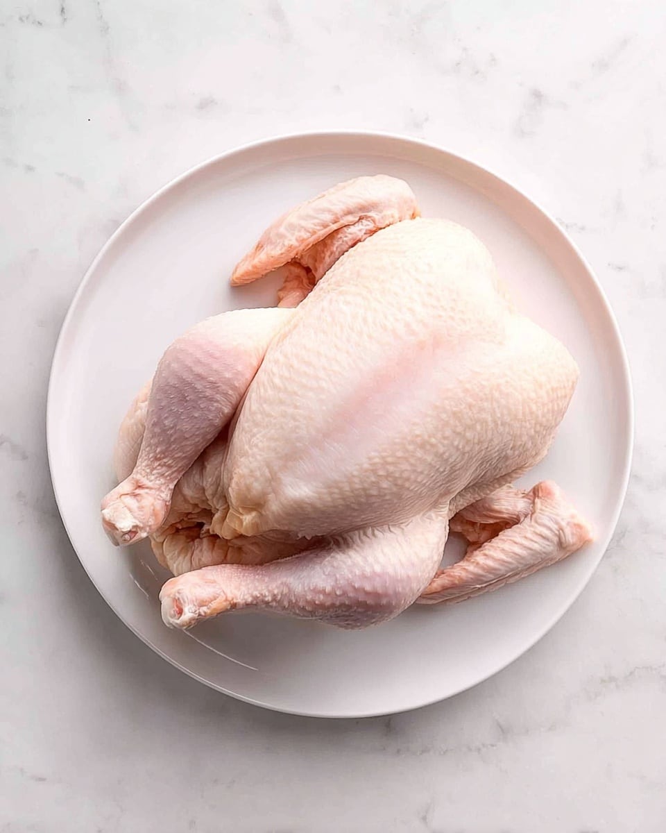 A whole raw chicken placed in the center of a white plate, showing pale pink skin with some texture and slight bumps. The chicken is positioned with legs bent outward and wings tucked in, laying flat on the plate. The plate rests on a white marbled surface. The lighting is soft and natural, highlighting the chicken's smooth and slightly shiny skin. Photo taken with an iphone --ar 4:5 --v 7
