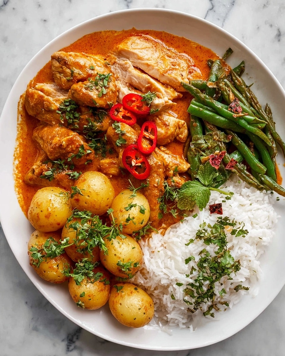 A white round plate holds a colorful meal divided into four main sections. The top right side shows a layer of sliced chicken pieces covered in a thick orange-red curry sauce, garnished with small bright red chili slices and green herbs. Below the chicken, there are small golden potatoes coated lightly with the same sauce and sprinkled with green leaves and chili slices. To the right of the potatoes is a small pile of green beans with a hint of the orange sauce and green herb garnishing. The bottom right side of the plate has a layer of white rice topped lightly with chopped green herbs. The plate sits on a white marbled surface. photo taken with an iphone --ar 4:5 --v 7
